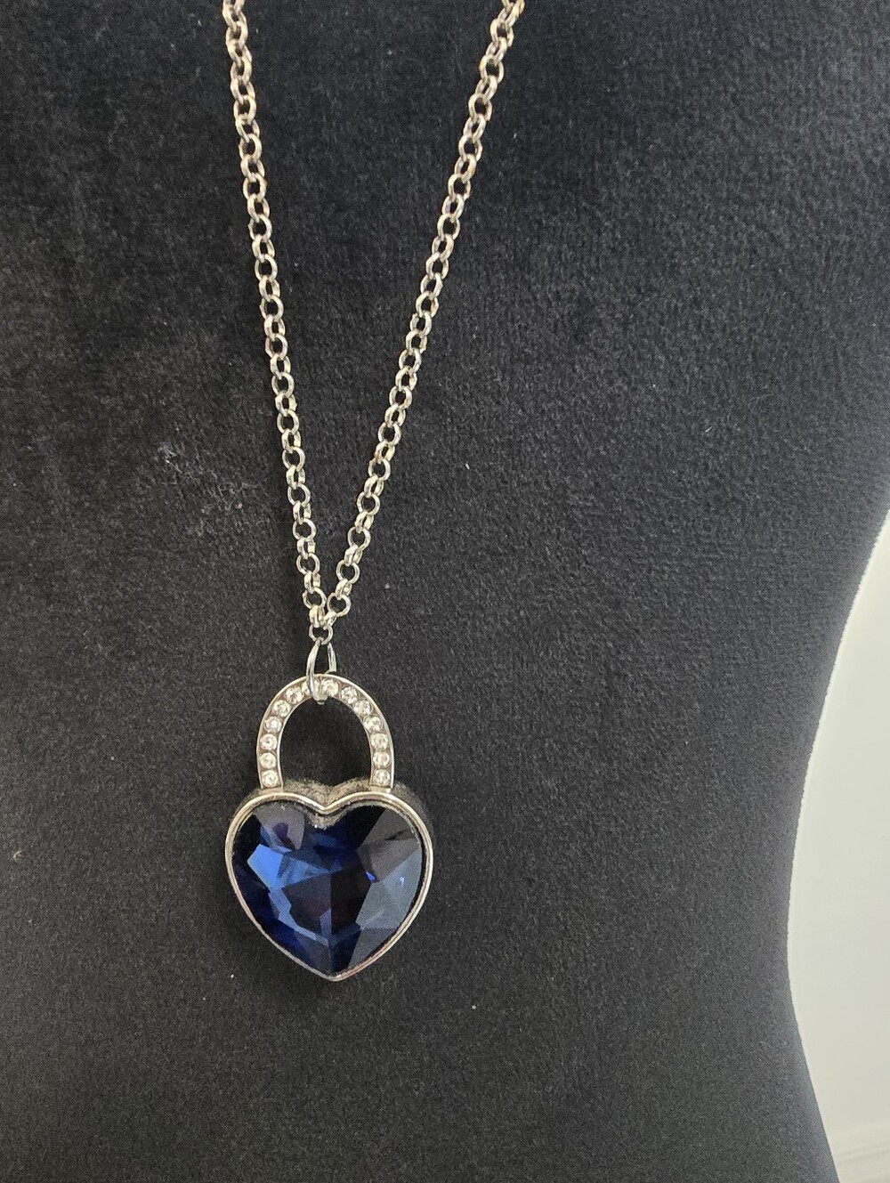 Vintage Royal Blue Heart Padlock Pendant With A Silver Toned Setting And Chain.
